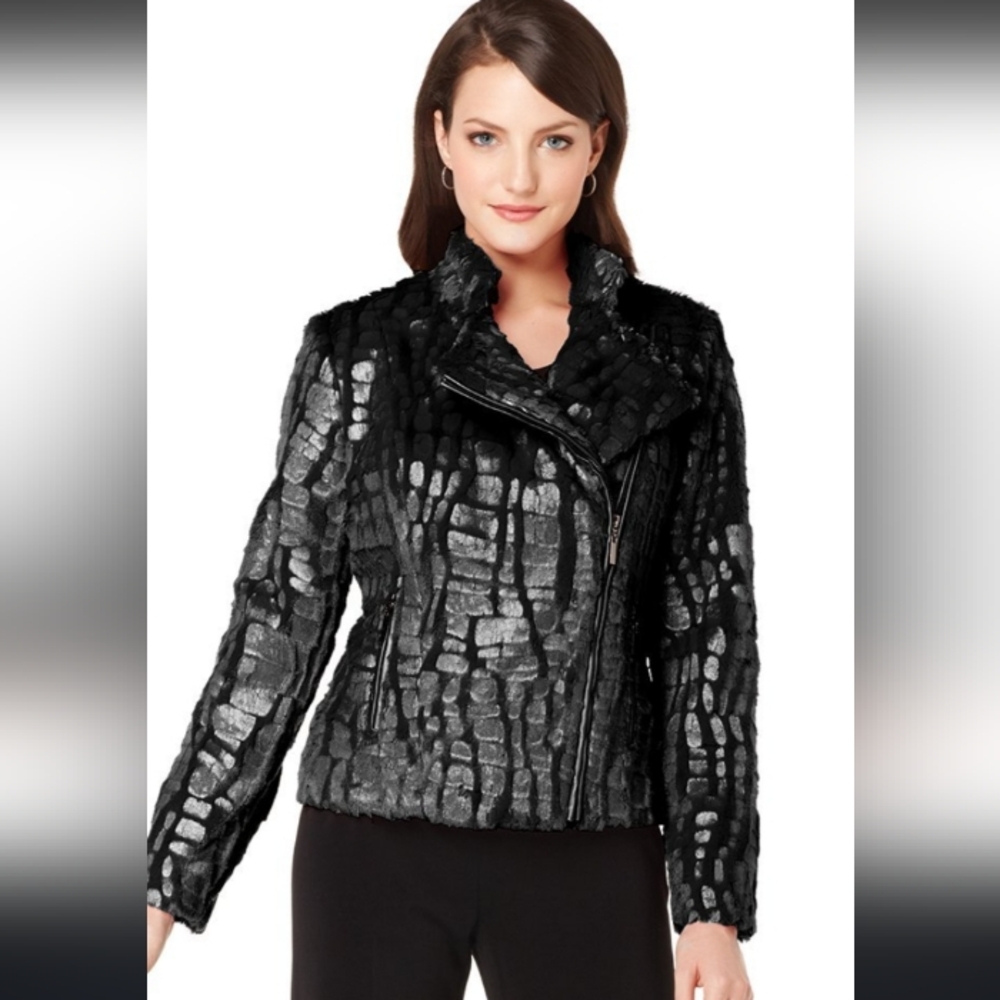 Black Crocodile-Texstute Pattern Teddy Jacket - image 1
